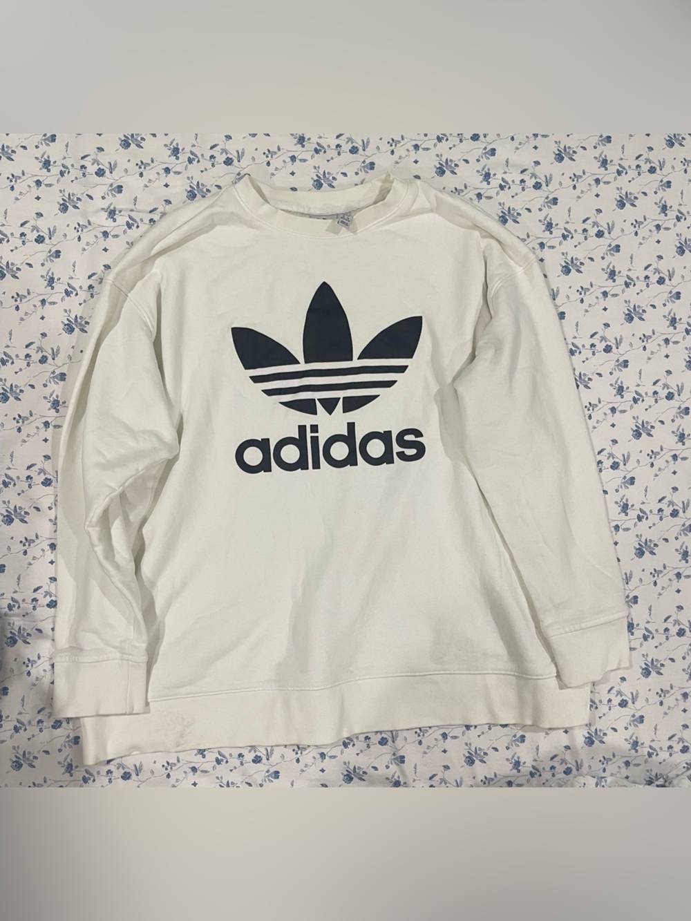 adidas White Sweatshirt with Navy Trefoil Tag